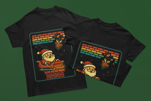 “Santa Breakout” Shirt – Black Short Sleeve Tee | Retro Gamer Christmas Shirt for Geeks, Rebels & Holiday Dropouts
