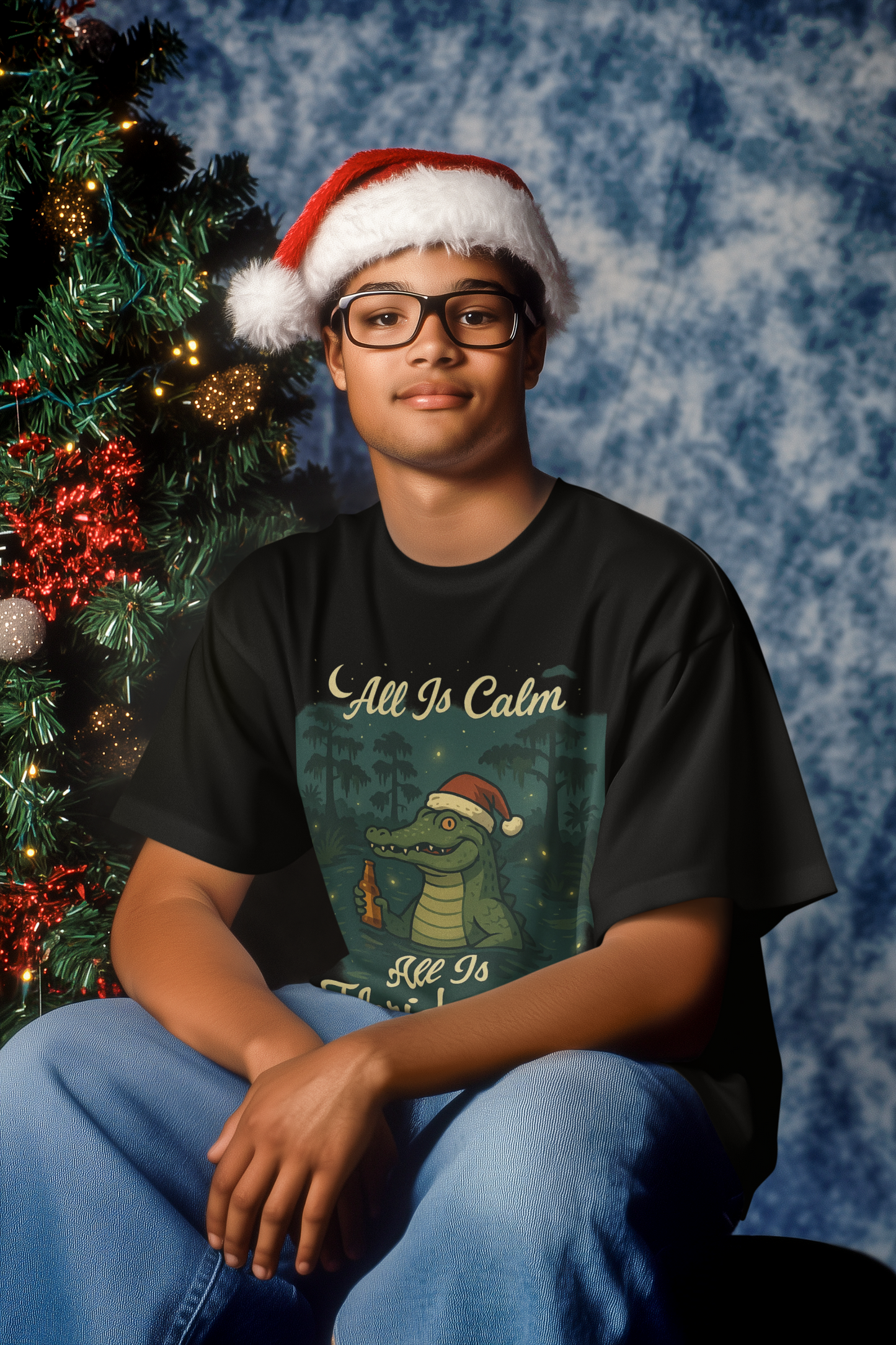 All Is Calm, All Is Florida Man” Shirt – Black Short Sleeve Tee | Funny Florida Christmas Gator Shirt | Funny Florida Shirt