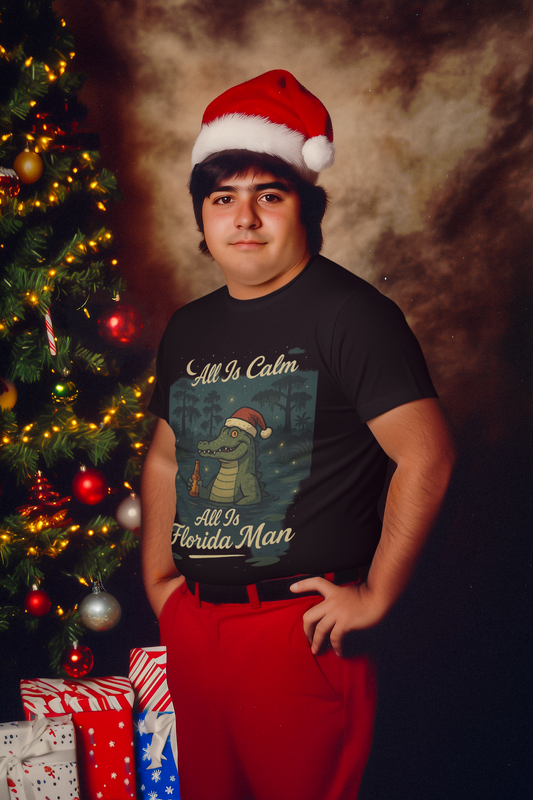 All Is Calm, All Is Florida Man” Shirt – Black Short Sleeve Tee | Funny Florida Christmas Gator Shirt | Funny Florida Shirt