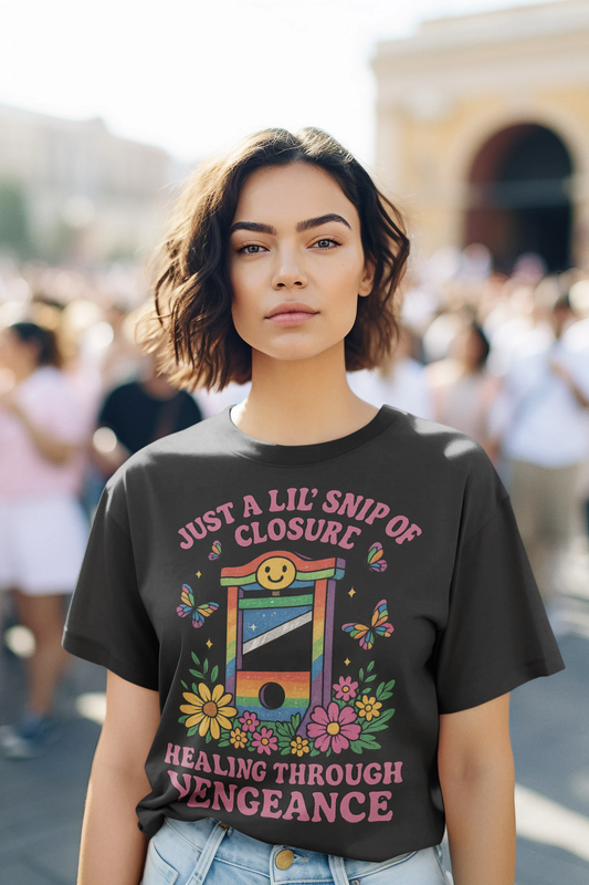 🌸 Healing Through Vengeance – Rainbow Guillotine novelty political shirt