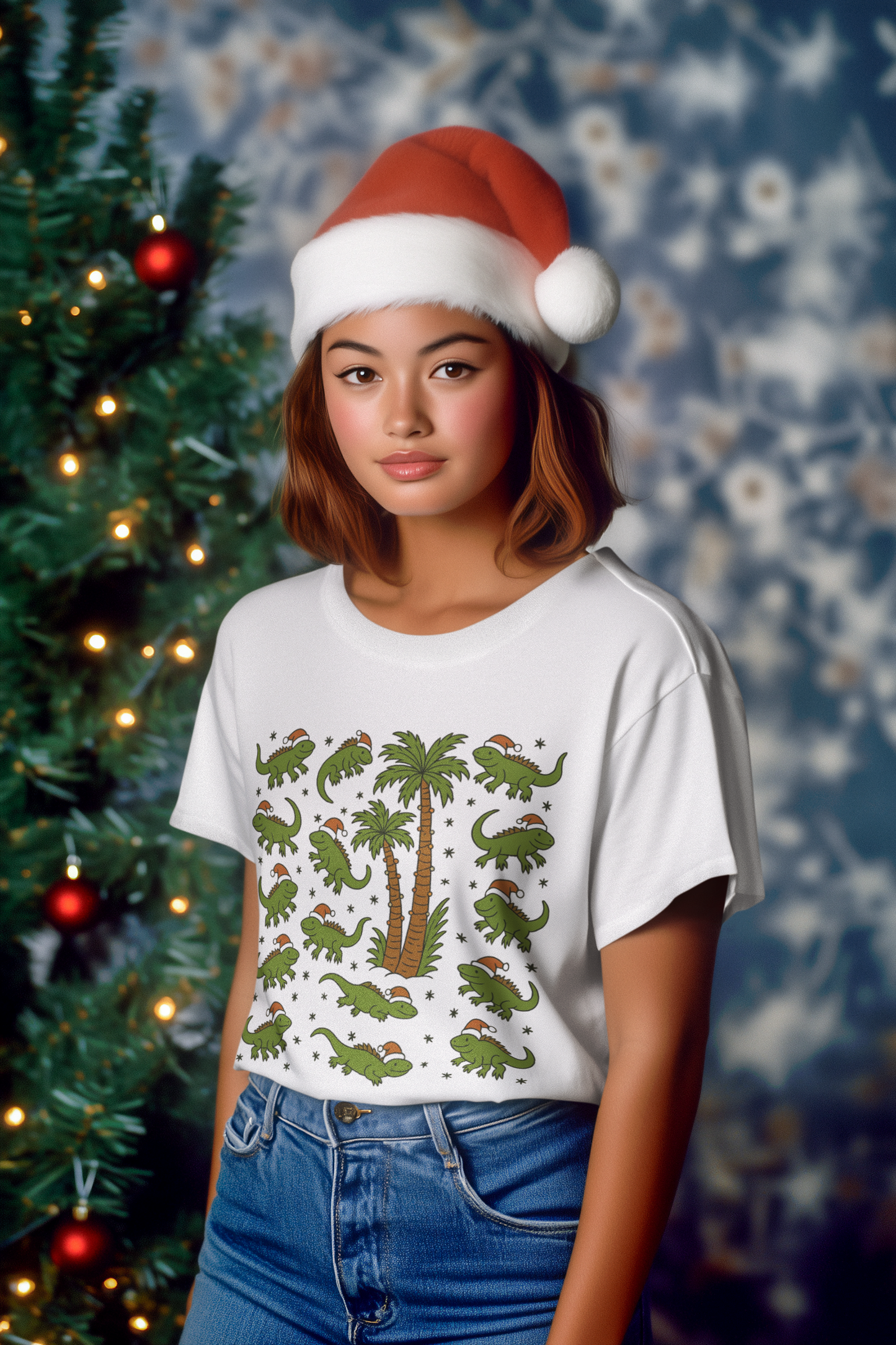 Falling Iguanas” Shirt – White Short Sleeve Tee | Funny Florida Christmas Shirt with Santa Lizards & Palm Trees | Funny Florida Shirt