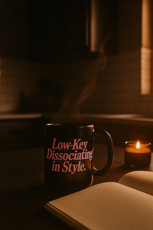 “Low-Key Dissociating in Style.” Mug – 15oz Black Ceramic Coffee Cup | Funny Mental Health Mug for Sarcastic Souls Mug (15 oz. Black)