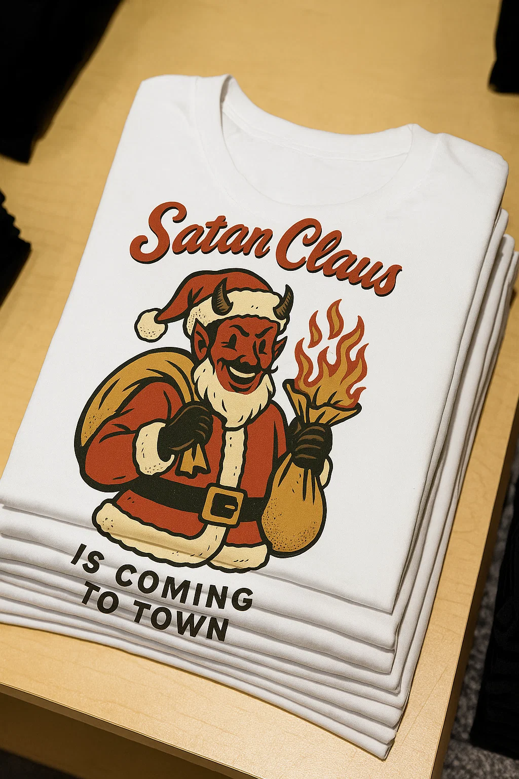 “Satan Claus Is Coming to Town” Shirt – White Short Sleeve Tee | Funny Dark Christmas Shirt for the Wickedly Festive