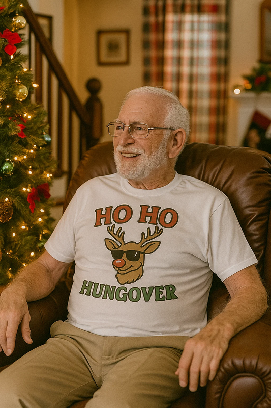 “Ho Ho Hungover” Shirt – White Short Sleeve Tee | Funny Holiday Shirt for Party People, Office Aftermaths & Christmas Survivors