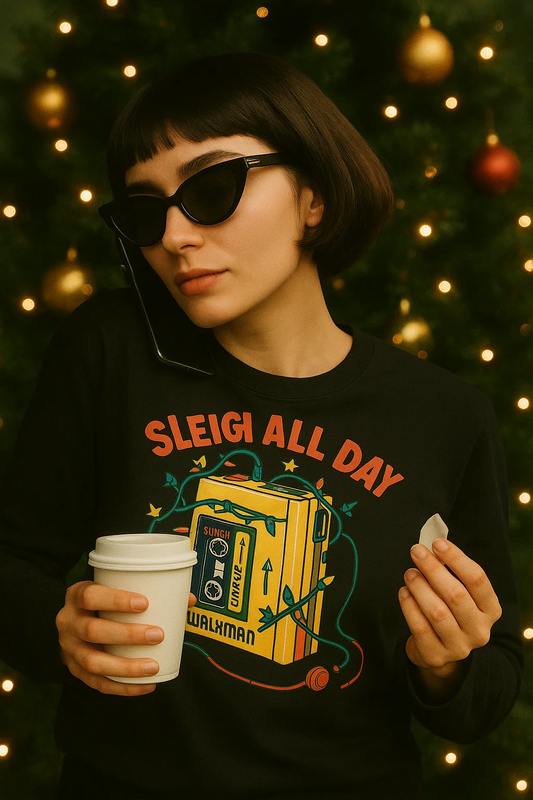 “Sleigh All Day” Long Sleeve Shirt | Retro 80s Christmas Music Shirt for Vintage Vibes & Holiday Rebels ~Xmas