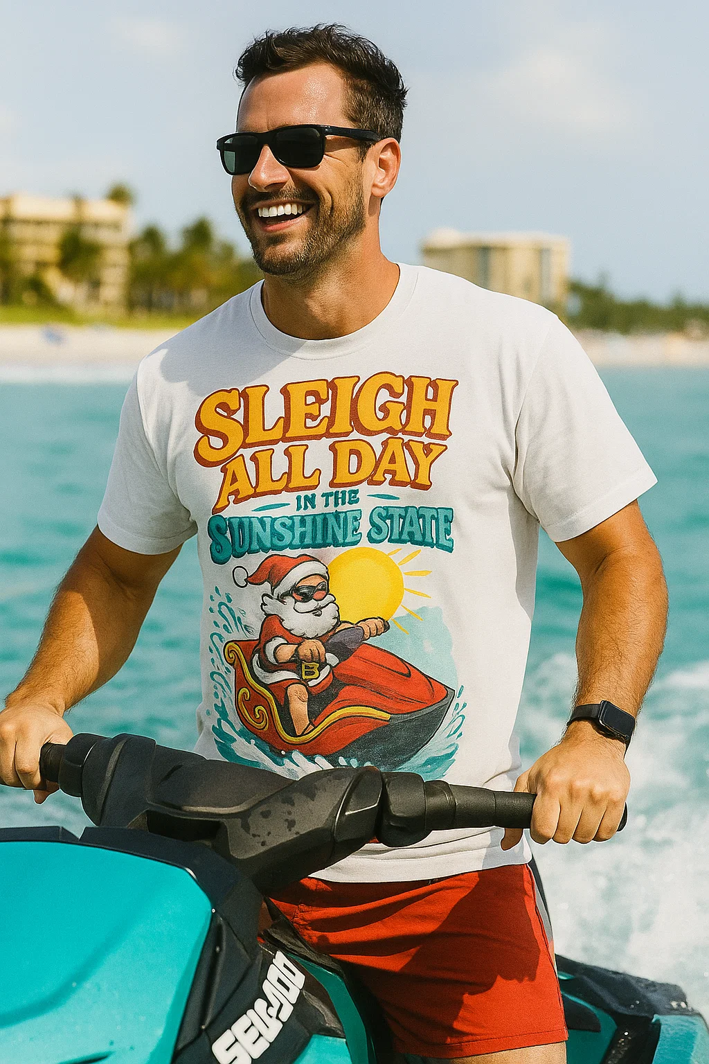Sleigh All Day in the Sunshine State White Short Sleeve Tee | Funny Florida Christmas Shirt for Beach Lovers