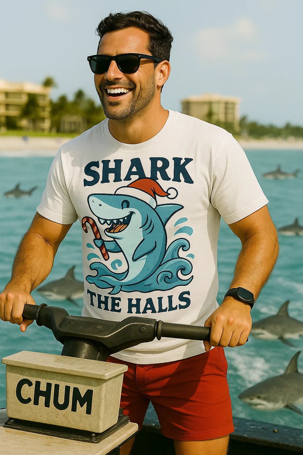 Shark The Halls Shirt – White Short Sleeve Tee | Funny Florida Christmas Shirt for Beach Lovers & Holiday Rebels | Funny Florida Shirt