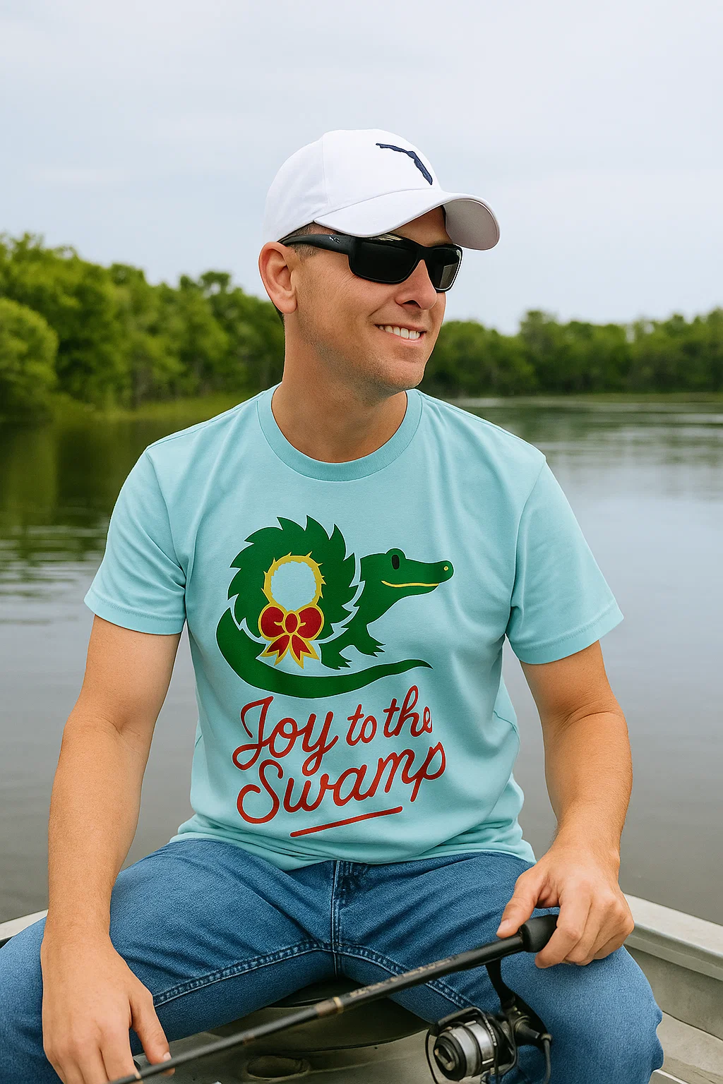 Joy to the Swamp” Light Blue Shirt | Funny Florida Christmas Shirt with Gator & Holiday Wreath Design | Funny Florida Shirt