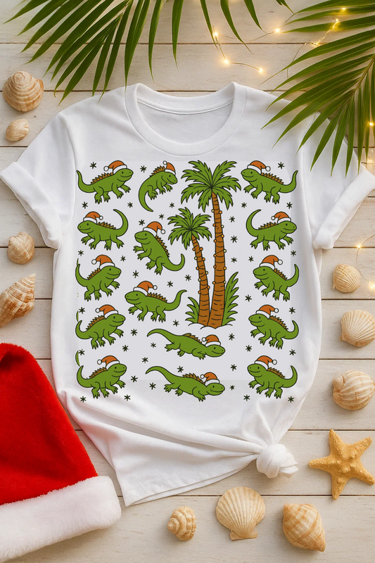 Falling Iguanas” Shirt – White Short Sleeve Tee | Funny Florida Christmas Shirt with Santa Lizards & Palm Trees | Funny Florida Shirt