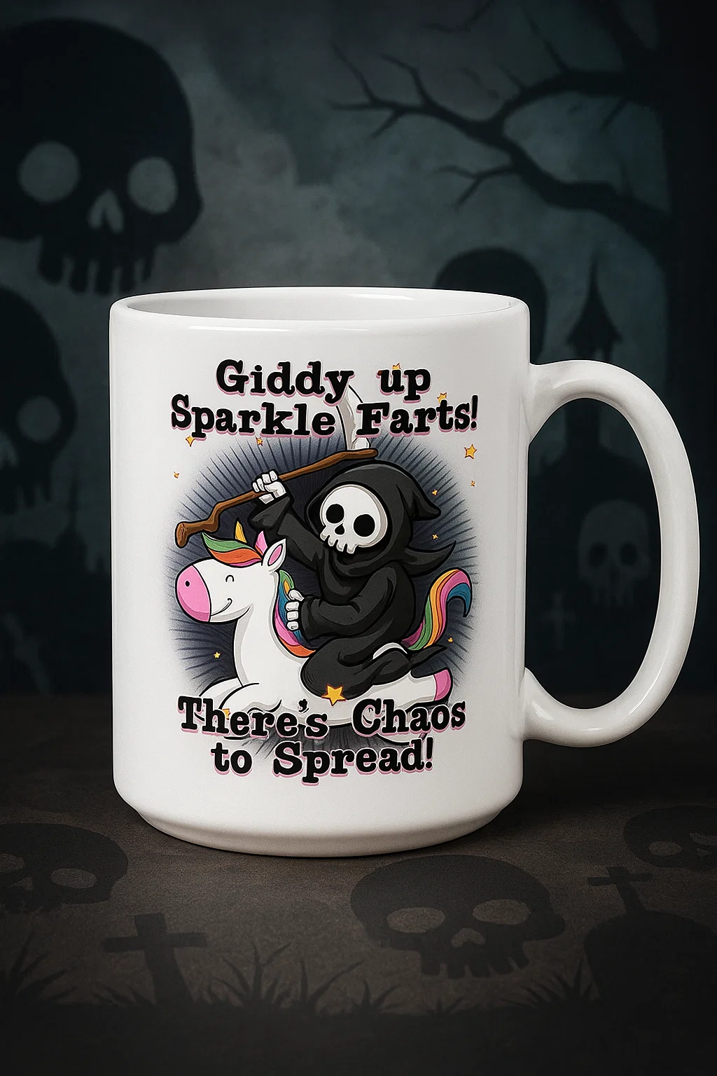 Giddy up Sparkle Farts! There's Chaos to Spread!  15 ounce ceramic coffee mug