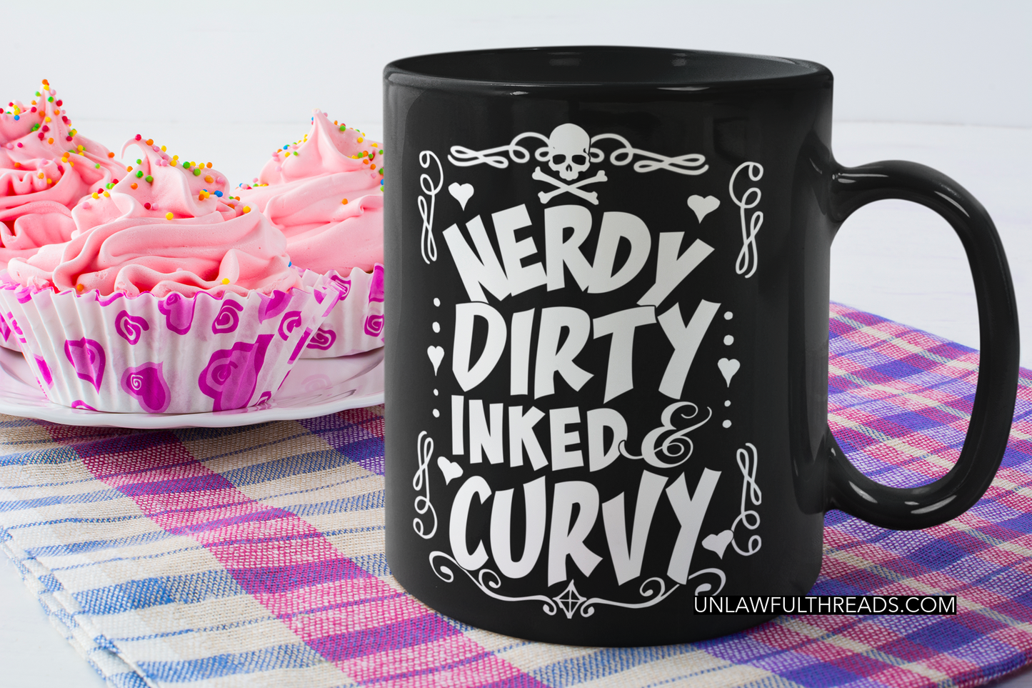 Nerdy, Dirty, Inked and Curvy available in hot shirts or cool coffee mugs