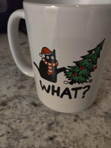 WHAT? Xmas Cat knocking over tree 15 ounce mug