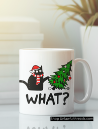 WHAT? Xmas Cat knocking over tree 15 ounce mug