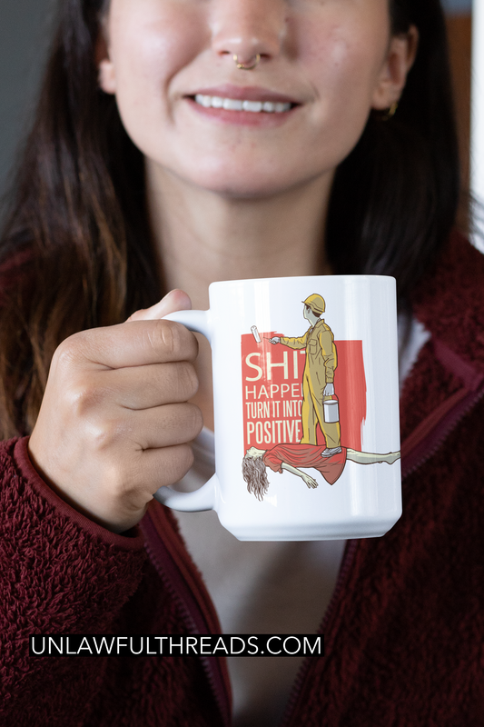 Shit Happens turn it into something positive coffee mug 15 ounces  black or white