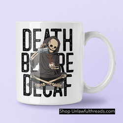 DEATH BEFORE DECAF reaper white edition coffee mug ceramic 15 ounces