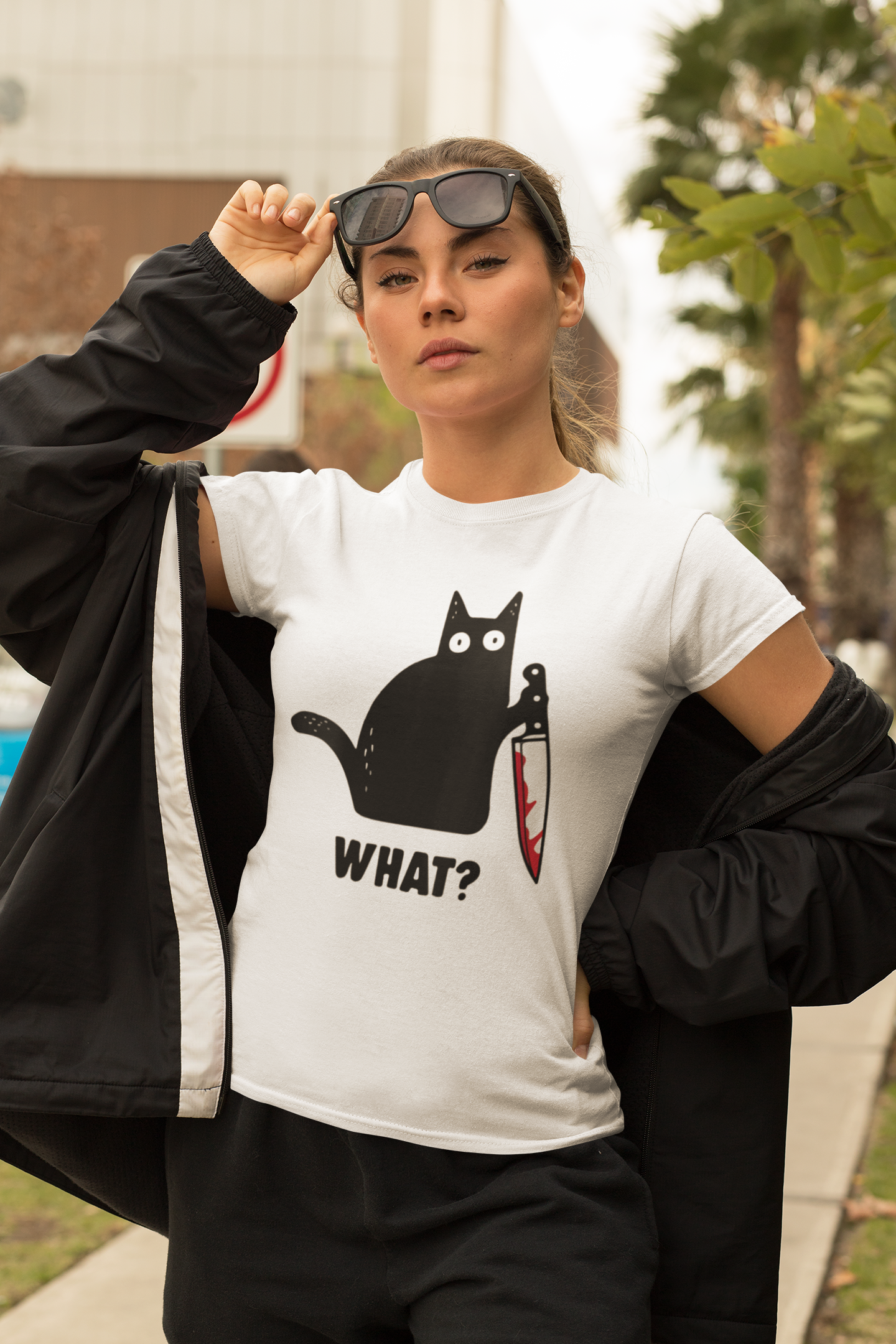 Black cat, bloody knife, What? shirt